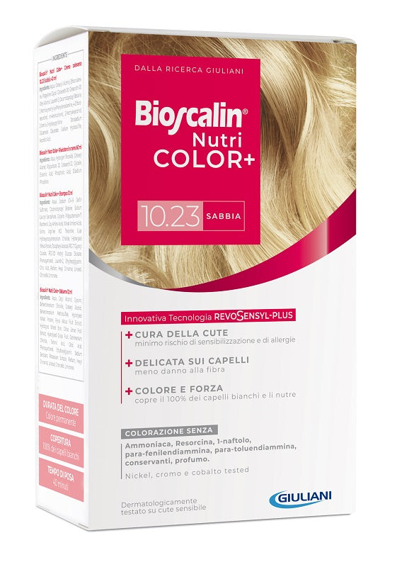 BIOSCALIN NUTRICOLOR PLUS 10.23 SAND COLORING CREAM 40 ML + CREAM DEVELOPER 60 ML + SHAMPOO 12 ML + FINAL TREATMENT CONDITIONER 12 ML