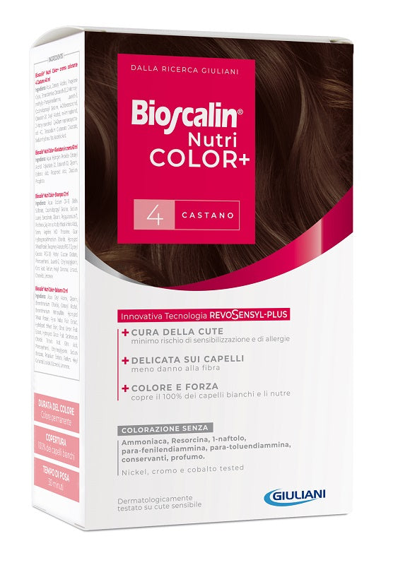 BIOSCALIN NUTRICOLOR PLUS 4 BROWN COLORING CREAM 40 ML + DEVELOPER CREAM 60 ML + SHAMPOO 12 ML + FINAL TREATMENT CONDITIONER 12 ML