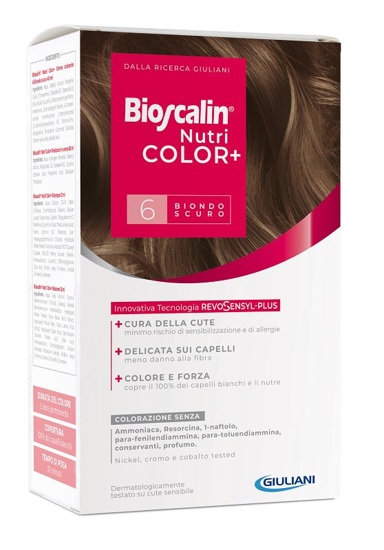 BIOSCALIN NUTRICOLOR PLUS 6 DARK BLONDE COLOURING CREAM 40 ML + DEVELOPER CREAM 60 ML + SHAMPOO 12 ML + FINAL TREATMENT CONDITIONER 12 ML