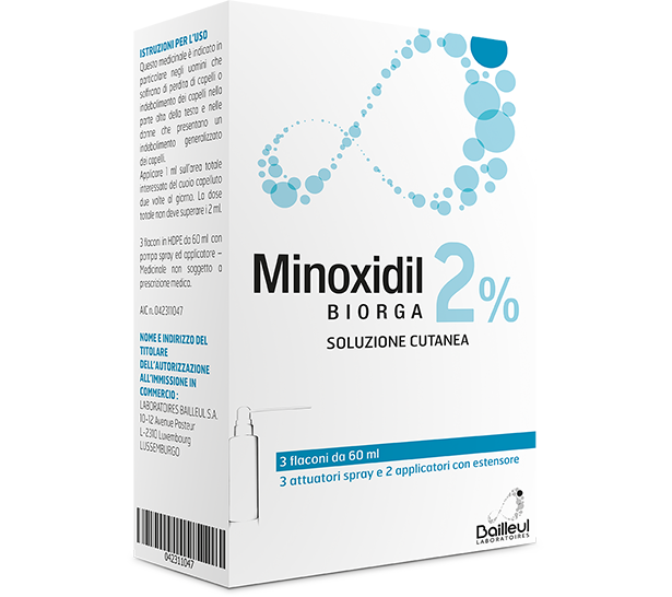 MINOXIDIL BIORGA 2% SKIN SOLUTION, 3 60ML HDPE BOTTLES WITH SPRAY PUMP AND APPLICATOR