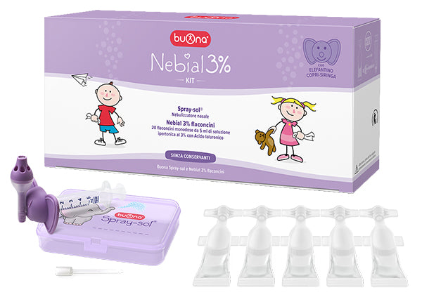 NEBIAL 3% KIT 20 SINGLE-DOSE VIALS 5ML HYPERTONIC SOLUTION WITH HYALURONIC ACID + SPRAY-SOL NEBULIZER