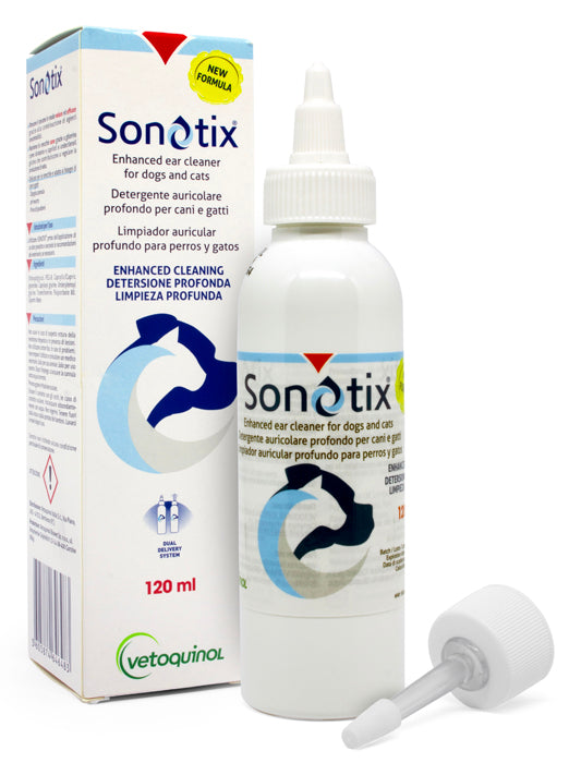 SONOTIX DEEP EAR CLEANSER FOR DOGS AND CATS 120 ML + SHORT RIGID CANNULA + LONG FLEXIBLE CANNULA