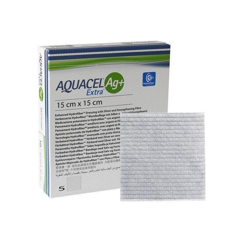 MEDICAZIONE IN HYDROFIBER E IONI ARGENTO INTESSUTA IN LYOCELL AQUACEL AG + EXTRA 15X15CM 5 PEZZI