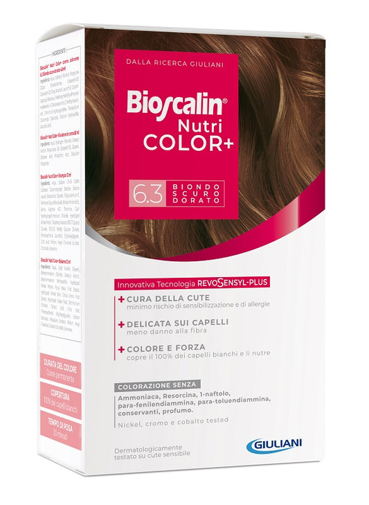 BIOSCALIN NUTRICOLOR PLUS 6.3 DARK GOLDEN BLONDE COLOURING CREAM 40 ML + DEVELOPER CREAM 60 ML + SHAMPOO 12 ML + FINAL TREATMENT CONDITIONER 12 ML