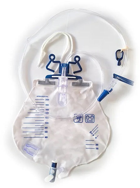 SACCA DRENAGGIO URINARIO A CIRCUITO CHIUSO CAPACITA' 2000ML CON CAMERA DI GOCCIOLAMENTO DOPPIO FILTRO ARIA FASCETTA CON PER FISSAGGIO AL LETTO STRIGITUBO E FERMATUBO AL LENZUOLO