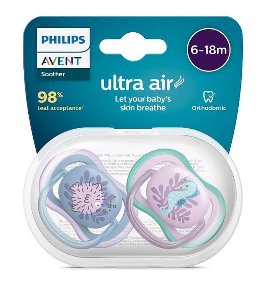 AVENT ULTRA AIR ORTHODONTIC PACIFIER 6-18 MONTHS PUFFER FISH/SEAHORSE 2 PIECES