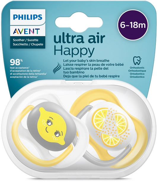 AVENT ULTRA AIR ORTHODONTIC PACIFIER 6-18 MONTHS NEUTRAL/LEMON 2 PIECES
