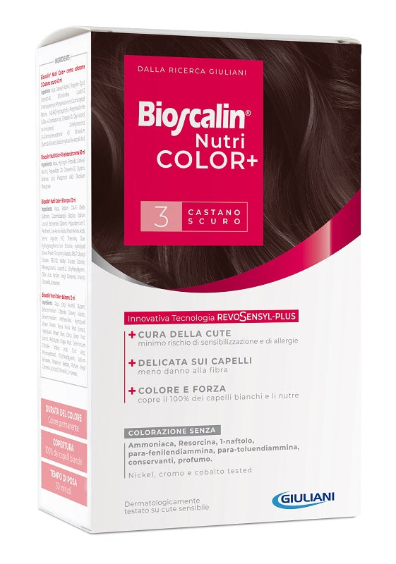 BIOSCALIN NUTRICOLOR PLUS 3 CASTANO SCURO CREMA COLORANTE 40 ML + RIVELATORE CREMA 60 ML + SHAMPOO 12 ML + TRATTAMENTO FINALE BALSAMO 12 ML