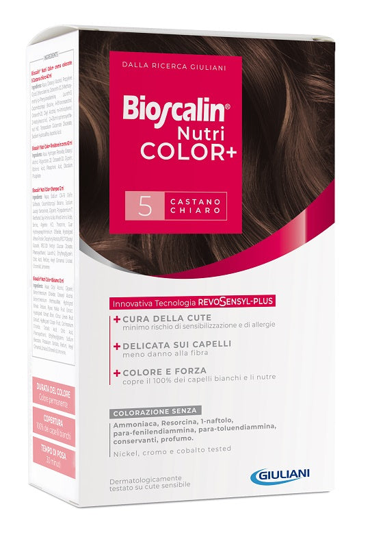 BIOSCALIN NUTRICOLOR PLUS 5 CASTANO CHIARO CREMA COLORANTE 40 ML + RIVELATORE CREMA 60 ML + SHAMPOO 12 ML + TRATTAMENTO FINALE BALSAMO 12 ML