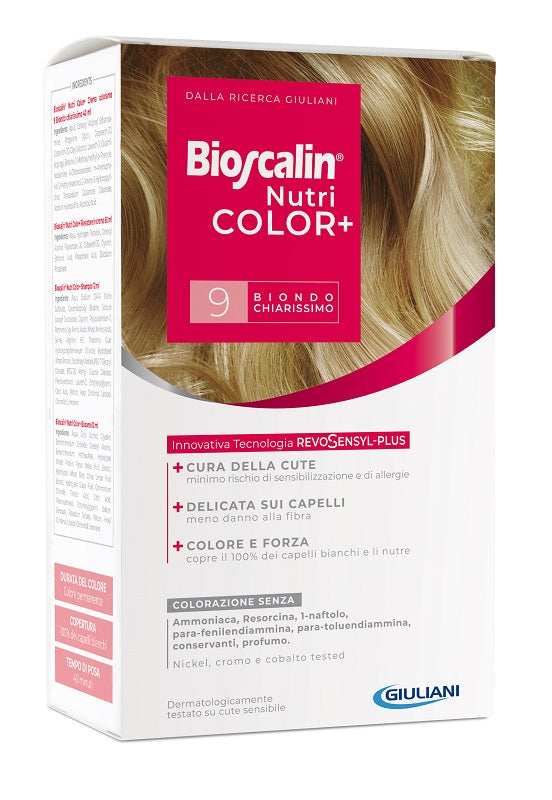 BIOSCALIN NUTRICOLOR PLUS 9 VERY LIGHT BLONDE COLOURING CREAM 40 ML + CREAM DEVELOPER 60 ML + SHAMPOO 12 ML + FINAL TREATMENT CONDITIONER 12 ML