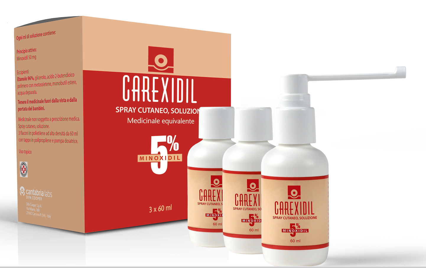CAREXIDIL 5% SKIN SPRAY SOLUTION, 3 60 ML HDPE BOTTLES WITH DOSING PUMP