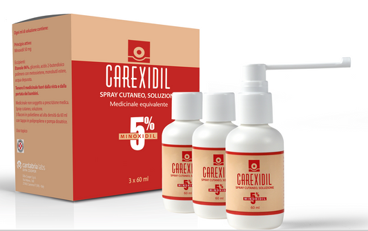 CAREXIDIL 5% SKIN SPRAY SOLUTION, 3 60 ML HDPE BOTTLES WITH DOSING PUMP