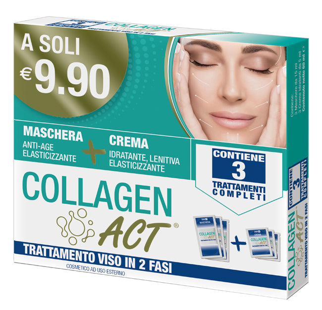 COLLAGEN ACT TRATTAMENTO VISO 2 FASI MASCHERA ANTI AGE ELASTICIZZANTE 3 PEZZI DA 15 ML + CREMA IDRATANTE LENITIVA ELASTICIZZANTE 3 PEZZI DA 5 ML