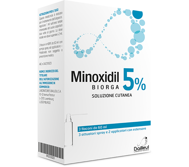 MINOXIDIL BIORGA 5% SKIN SOLUTION, 3 60ML HDPE BOTTLES WITH SPRAY PUMP AND APPLICATOR