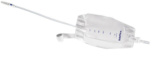 SACCA RACCOGLI URINA DA GAMBA PER INCONTINENZA 3 CAMERE COMFORT 500 ML A BASSO PROFILO IN PVC LATO RIVESTITO TNT CON TUBO DIRITTO 45 CM SENZA PUNTO DI PRELIEVO VARIABILE 8 PEZZI