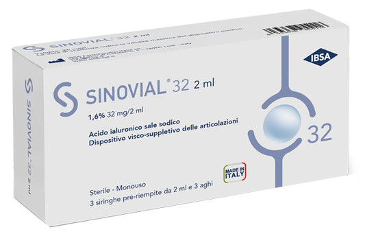 SINOVIAL 32 INTRA-ARTICULAR SYRINGE HYALURONIC ACID SODIUM SALT 1.6% 32MG/2ML 3 SYRINGES X 2ML + 3 NEEDLES