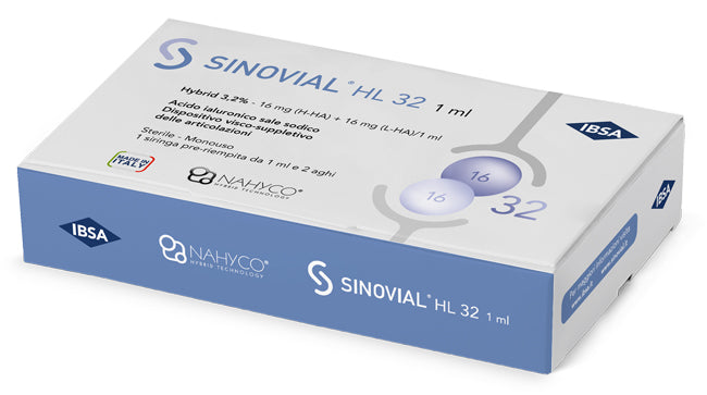 SINOVIAL INTRA-ARTICULAR SYRINGE HL 32 HYALURONIC ACID SODIUM SALT 16MG H-HA + 16MG H-LA/1ML + 22 GAUGE NEEDLE + 29 GAUGE NEEDLE